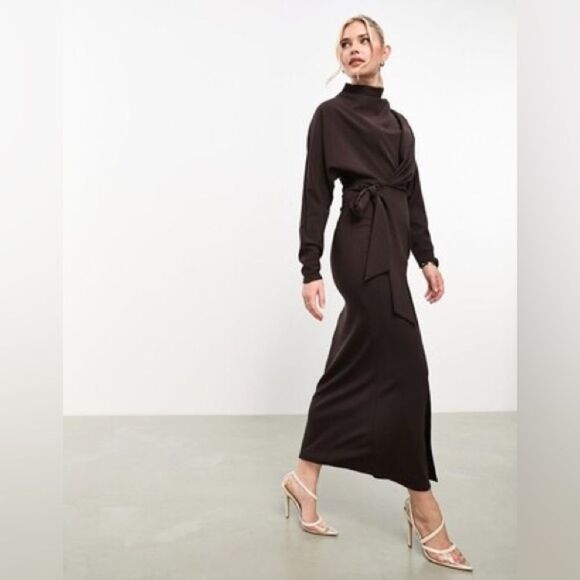 ASOS cowl neck maxi dress with tie skirt in chocolate brown sz 10 - Picture 1 of 5